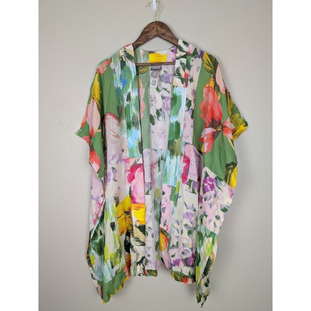 CHICOS Multicolor Abstract Floral Boho Art to Wear Resort Kimono - S/M
